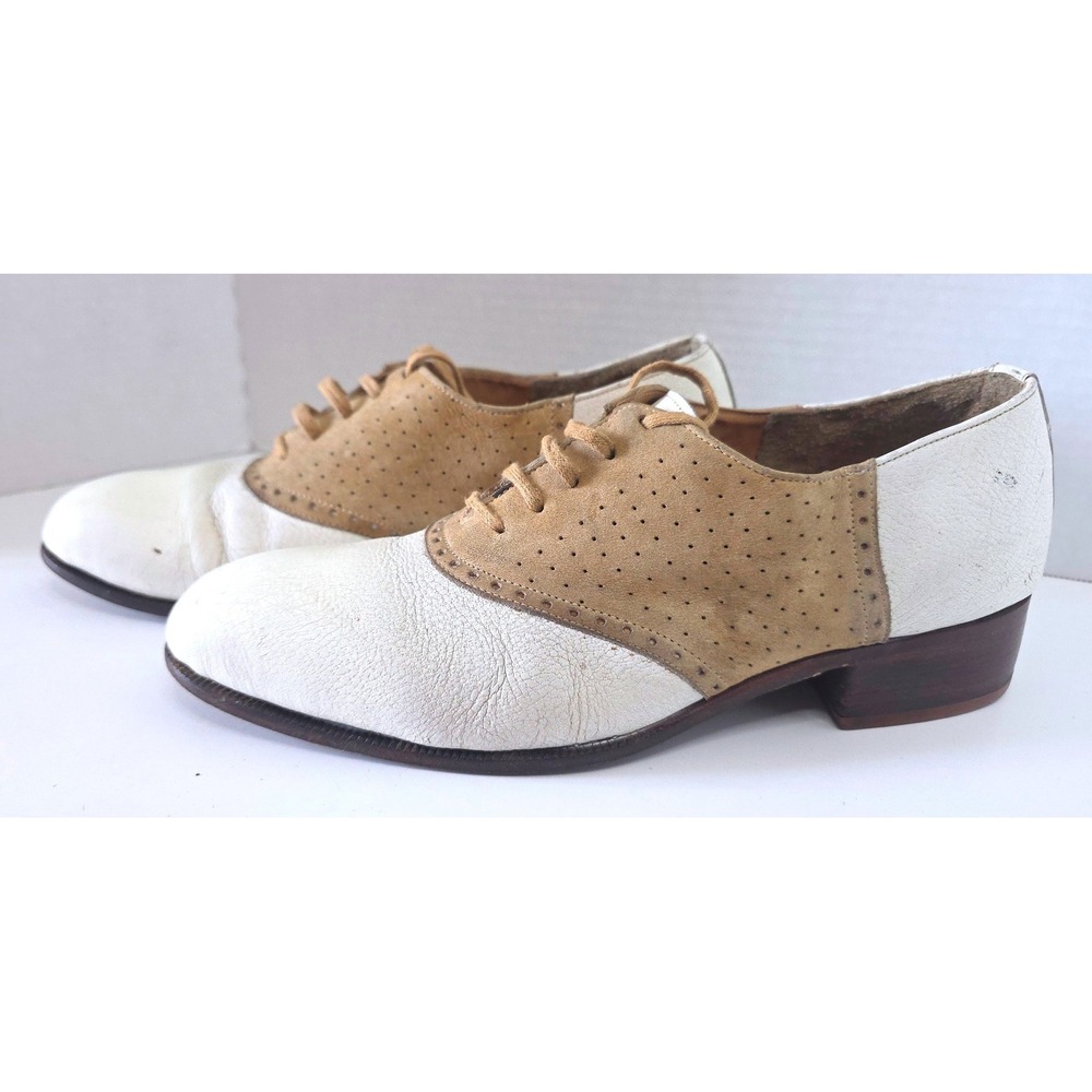 Vintage 70s Wild Pair Two Tone Saddle Shoes White Leather Tan Suede Oxfords 8.5D